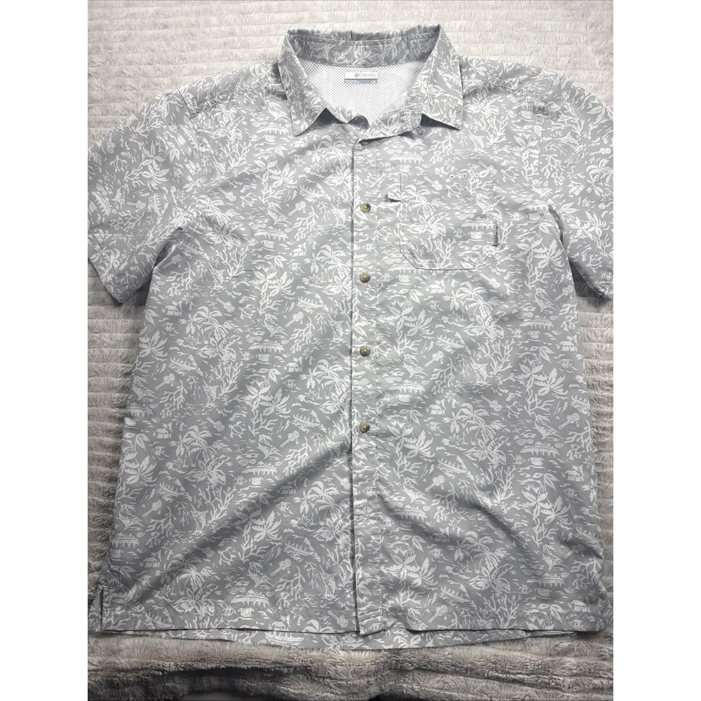 Columbia Men Gray L Omni-Shade Broad Spectrum Sword Fish Short Sleeve Shirt NWOT
